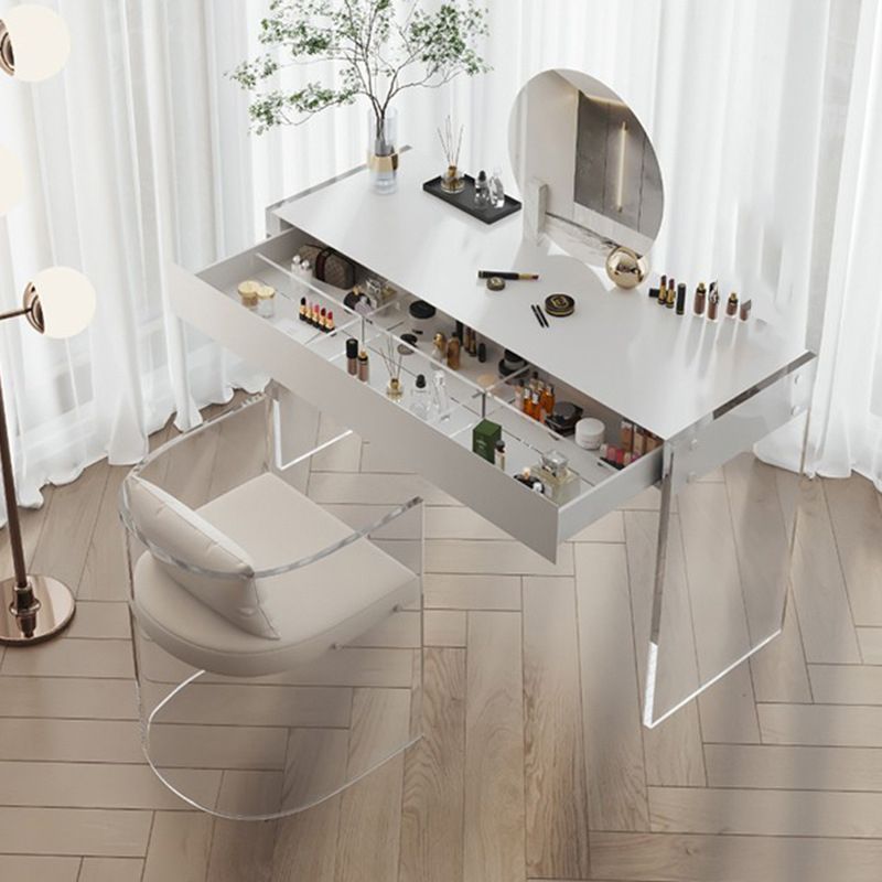 Mirrored Wood Makeup Dressing Table Modern Style Stool Set in White