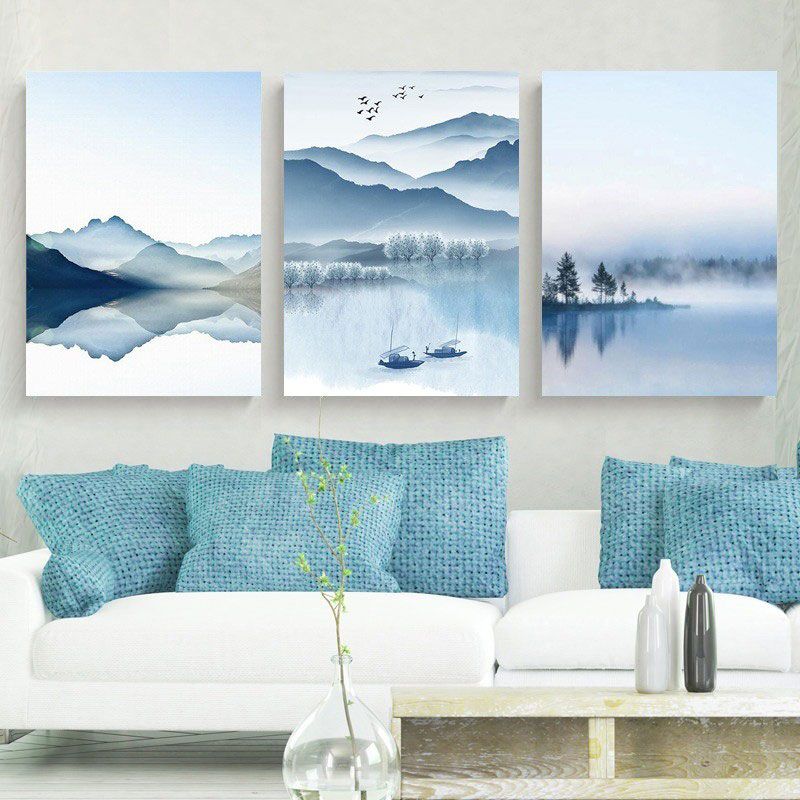 Mountain River Landscape Canvas Print in Blue Chinese Wall Art Set for Living Room