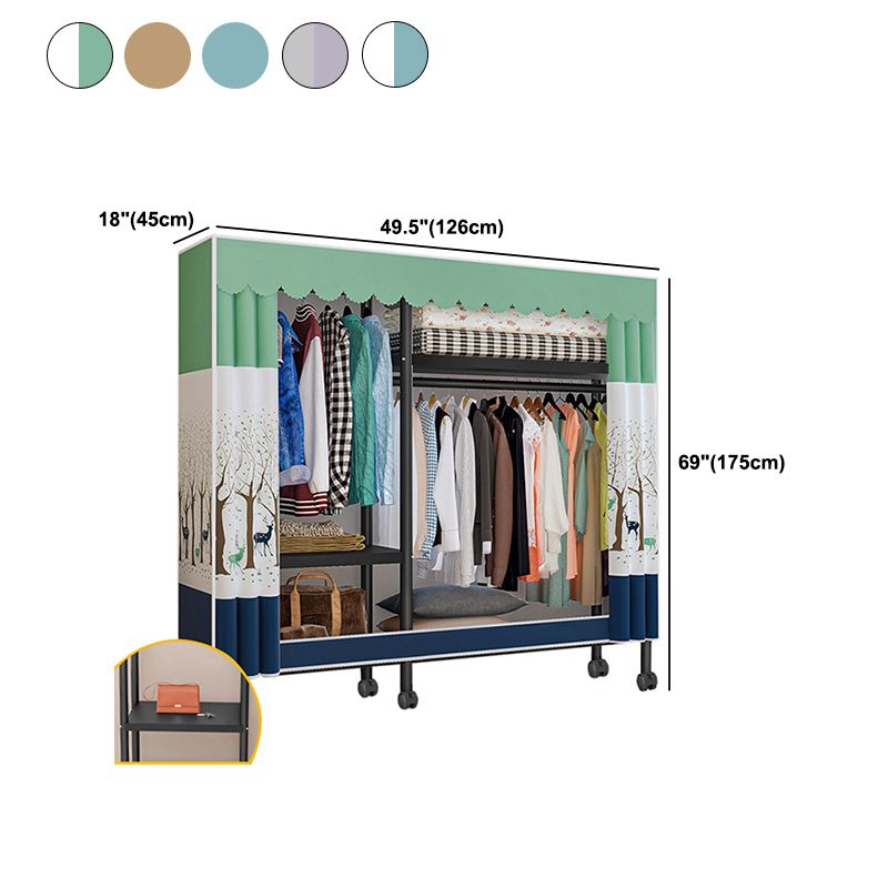 Black Steel Frame Wardrobe Modern Style Wardrobe Armoire with Caster Wheels