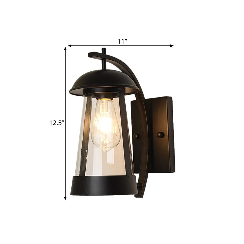 Clear Glass Kerosene Lamp Wall Light Farmhouse 1 Head Patio Wall Lighting with Curved Arm in Black