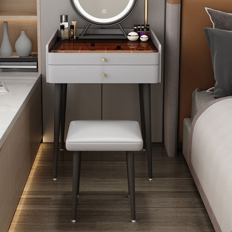 Contemporary 2-Drawer Vanity Makeup Table Set Glass Top Dressing Table Stool Set