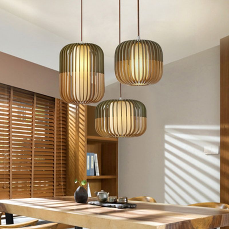 Green Color-Block Lantern Pendant Lamp Modern 1 Head Wooden Hanging Light for Dining Room