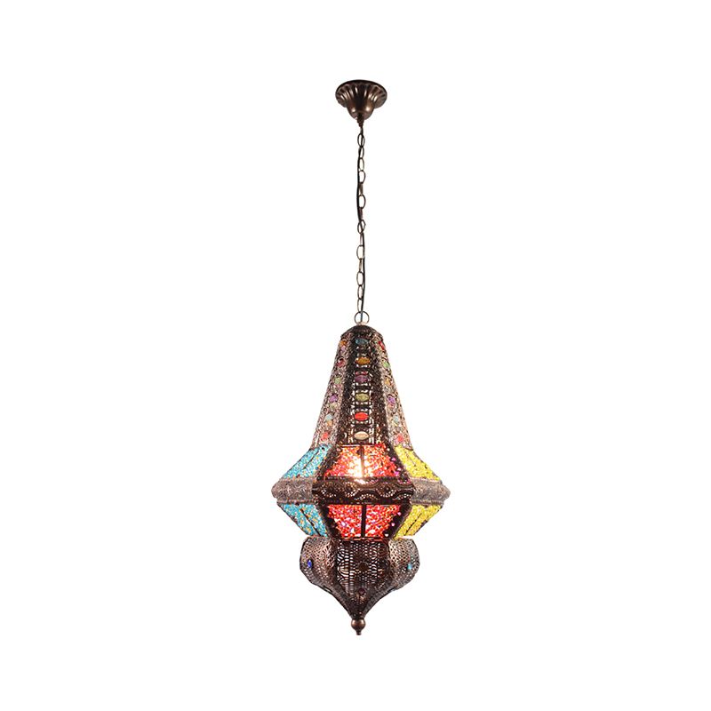 Crystal Beaded Stand Pendant Lighting with Lantern Shade Bohemia 1 Light Ceiling Light in Antique Copper