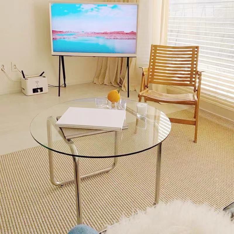 Round Clear Glass Cocktail Table Modern Steel Sled Coffee Table