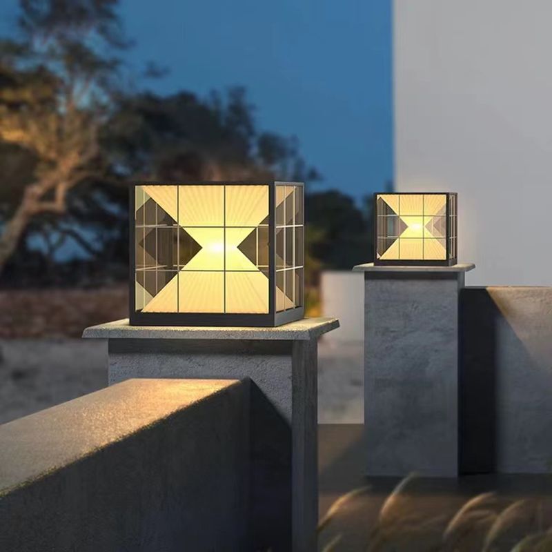 Square Shape Metal Solar Pillar Lamp Modern Style 1 Light Outdoor Lights in Black