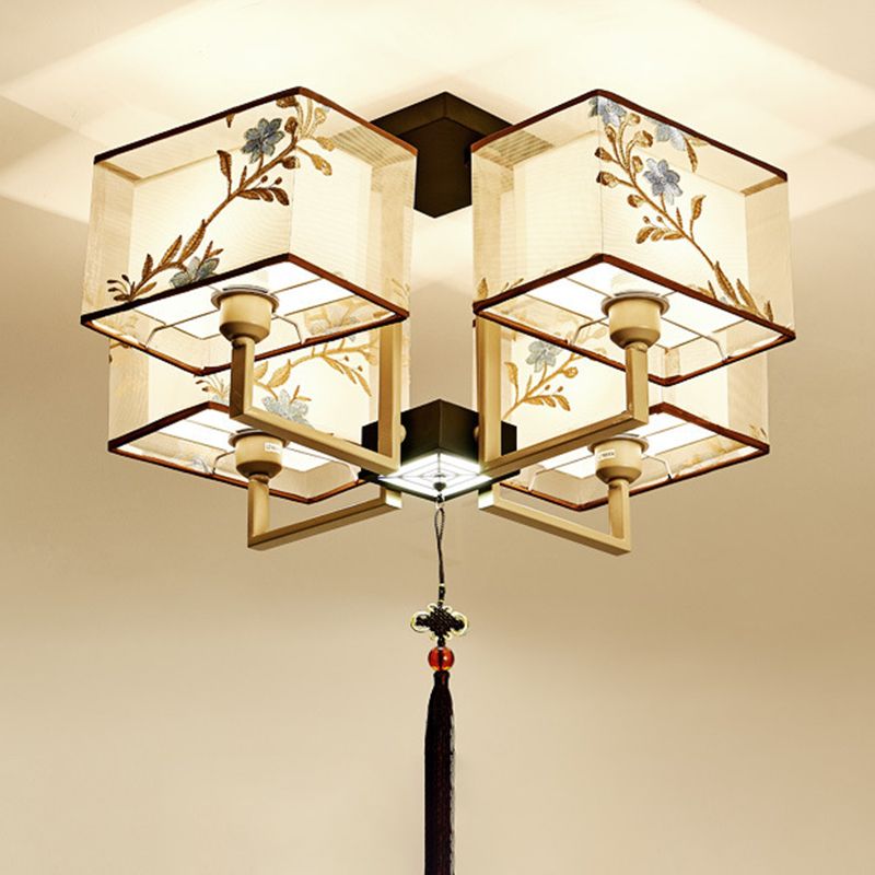 Braune Halbflush -Mount -Lampe Traditioneller Stil Schmiedeeisen Deckenleuchte mit quadratischem Stoff Schatten