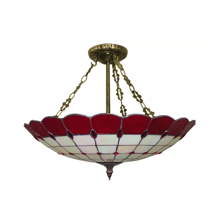 Bedroom Ceiling Light Glass, 4-Light Domed Semi Flush Mount Lighting in Antique Copper Tiffany Style, 8" High x 19.5" in Diameter