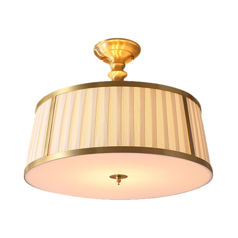 Round Fabric Semi Flush Light Colonialism 4 Heads Bedroom Metallic Ceiling Lighting in Gold