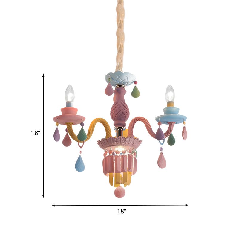 Kids Candle Ceiling Chandelier Crystal 3/5/6-Bulb Girls Bedroom Pendant Lighting in Pink with Curved Arm