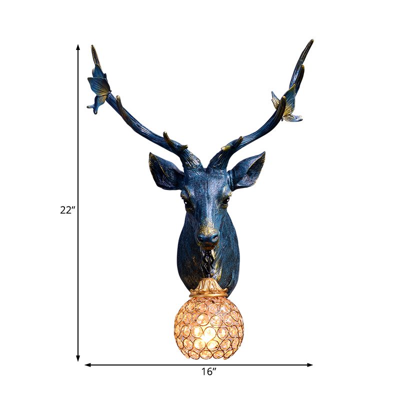 Cabezal de ciervos Resina Diconce Lámpara Vintage Single Bulb Interior Mural Lámpara Montada en azul/blanco/madera con sombra de cristal de globo
