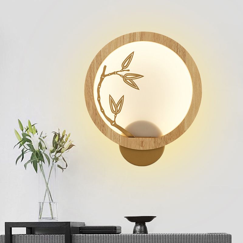 Black/Beige Bamboo Leaf Mural Lamp Chinese Style Wood LED Wall Mount Light Fixture for Bedroom