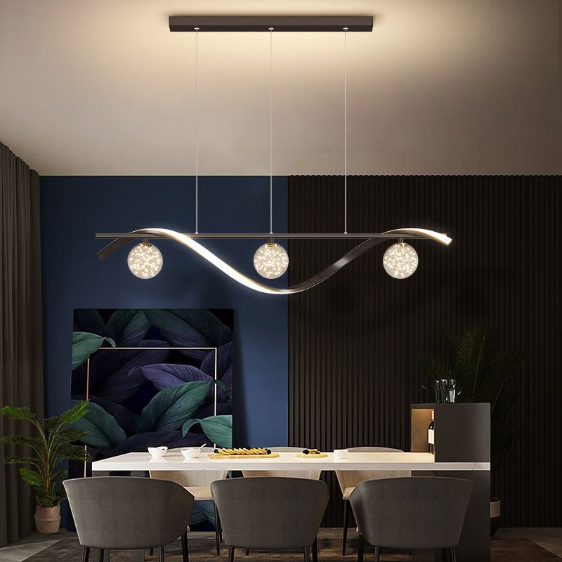 Modern LED Linear Ceiling Pendant in Black / Gold Metal and Glass Kitchen Island Light