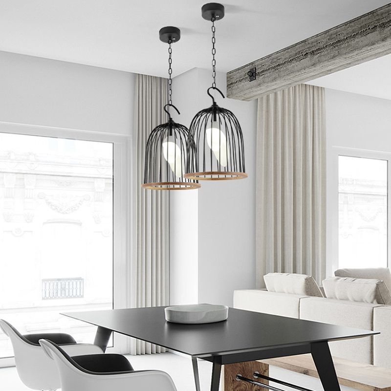 Black Bird Cage Hanging Lamp Modern 1 Head Metal Ceiling Pendant Light for Living Room