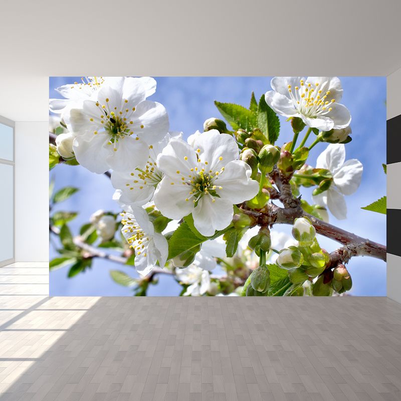 Modern Blossom Mural Decal Non-Woven Texture Waterproofing White Wall Art for Indoor