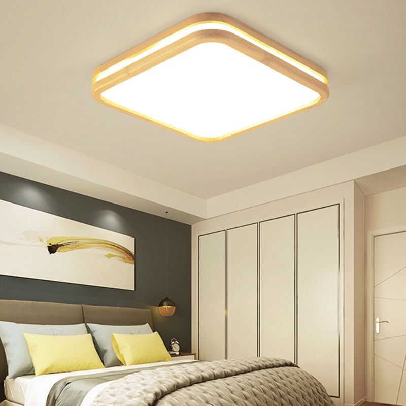 Slim Panel Square Ceiling Mount Light Wood Edge Simple Style 18/26 Inch Wide LED Ceiling Lamp in Beige