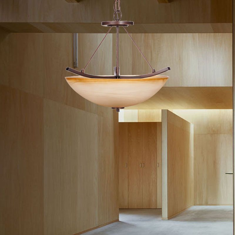 3 Lights Bowl Chandelier Light Traditional Beige Glass Suspension Lighting for Corridor