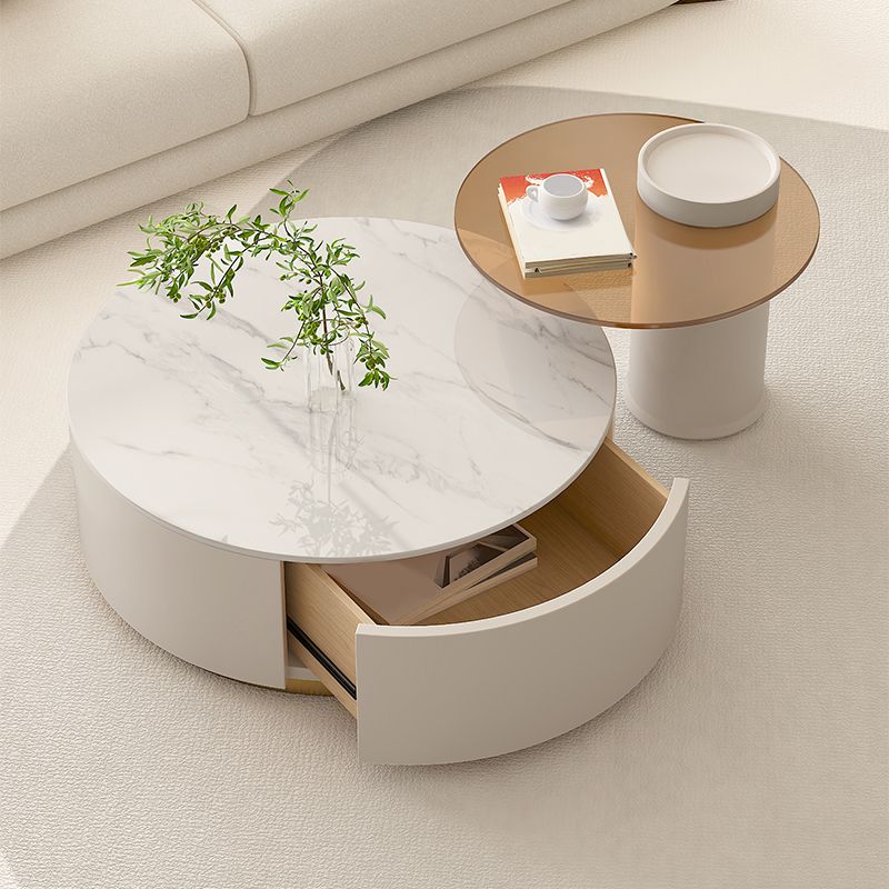 Modern Stone Drum Coffee Table with Storage Dia 31.5" Cocktail Table in Withe