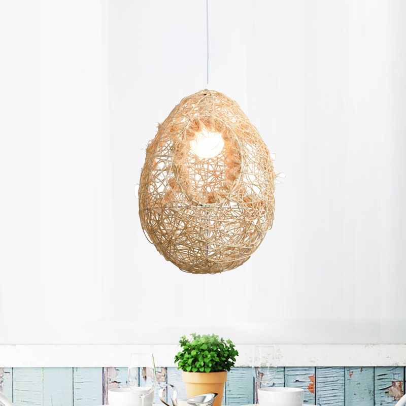 Woven Rattan Egg Shaped Pendant Light for Restaurant Rustic One Bulb Hanging Lamp in Beige
