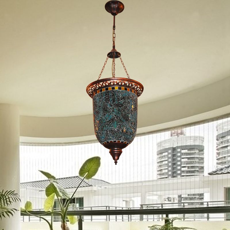 Bohemian Urn Chandelier Light 2 Bulbs Stained Art Glass Pendant Lighting Fixture in Blue for Restaurant