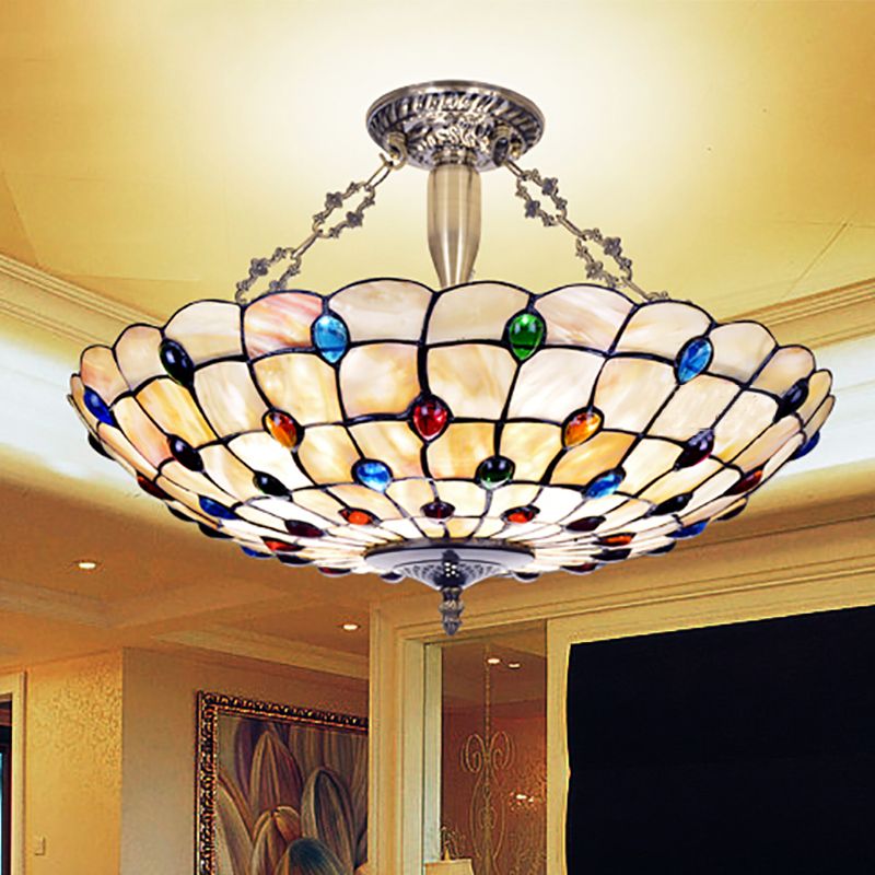 Vintage Bowl Ceiling Light Stained Glass 4 Heads Jewel Semi Flush Ceiling Fixture in Beige