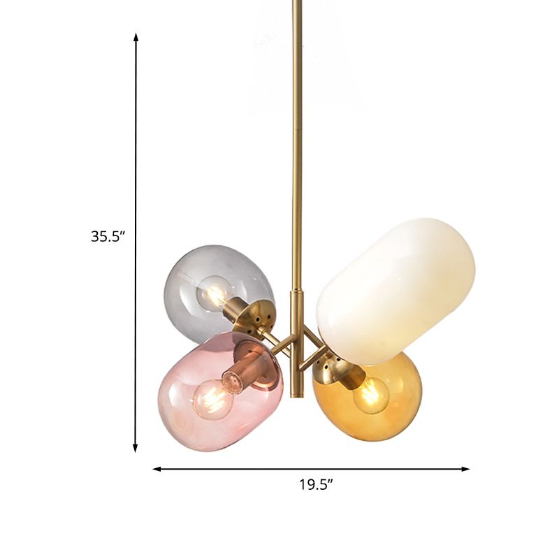 Goldene elliptische hängende Kronleuchter einfache 4 Lampen mehrfarbige Glasanhängerlampe für Esszimmer