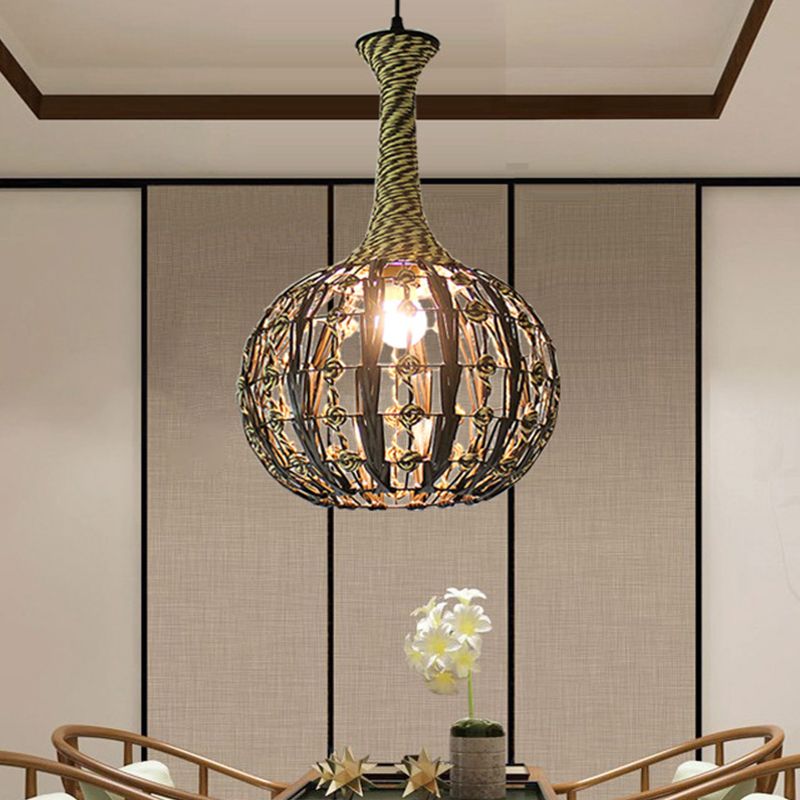 White House/Dome/Bell Hollowed Pendant Lamp Coastal 1-Light Rattan Suspended Lighting Fixture for Dining Room