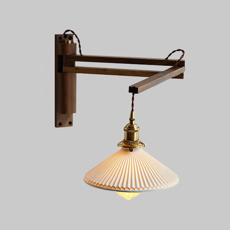 Pleated Shade Wall Lamp Japanese Style Wood 1-Light Rotatable Reading Wall Light