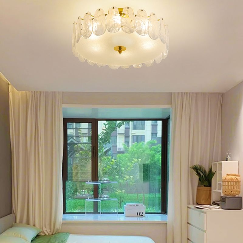 Gold Metal Semi Flush Mount Light Fixture Traditional Drum Bedroom Semi Flush Lamps with Glass Shade