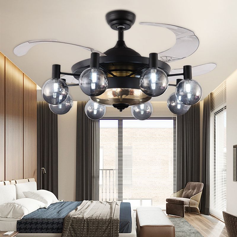 Metal Black Ceiling Fan Light Sputnik 48" Wide 8-Head Industrial 4 Clear Blades Semi Flush Lamp with Orb Grey Glass Shade, Wall/Remote Control