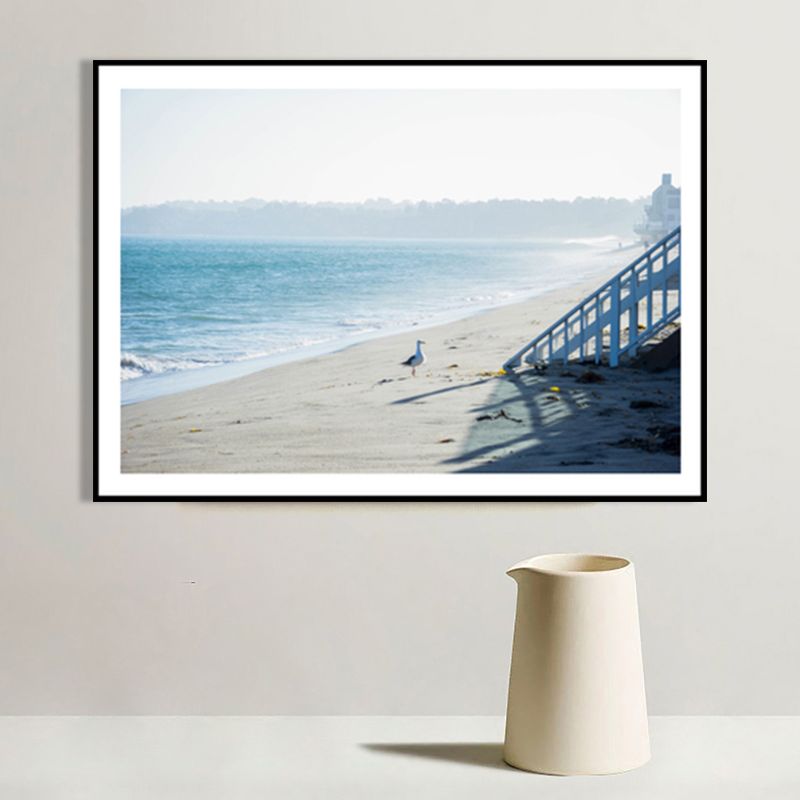 Morning Misty Seashore Wall Art Blue and White Canvas Print Wall Decor, Textured