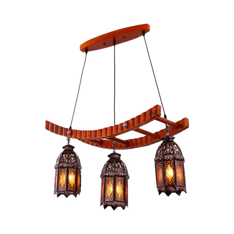 Wood Lantern Pendant Chandelier Arab Metal 3 Bulbs Dining Room Ceiling Suspension Lamp