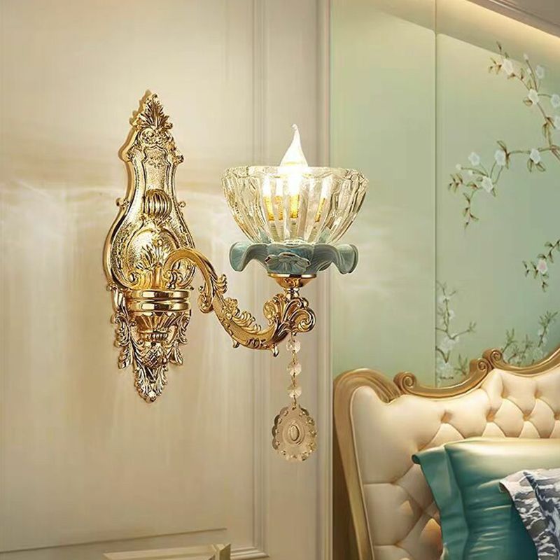 Floral Glass Wall Lighting Fixture Traditional 2-Light Corridor Wall Mount Lamp in Gold