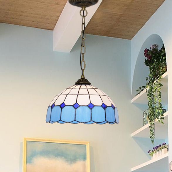 Mediterranean Dome Hanging Light Stained Art Glass 1 Bulb Pendant Light Fixture in White/Blue/Bronze