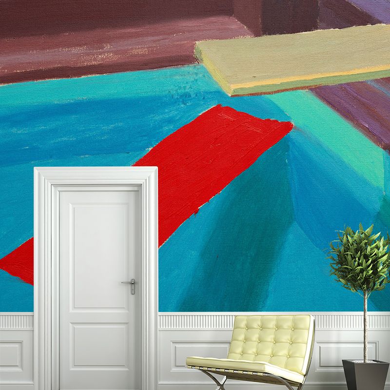 Art Pool Jump Board Mural Red-Yellow-Blue Moisture Resistant Wall Covering for Home