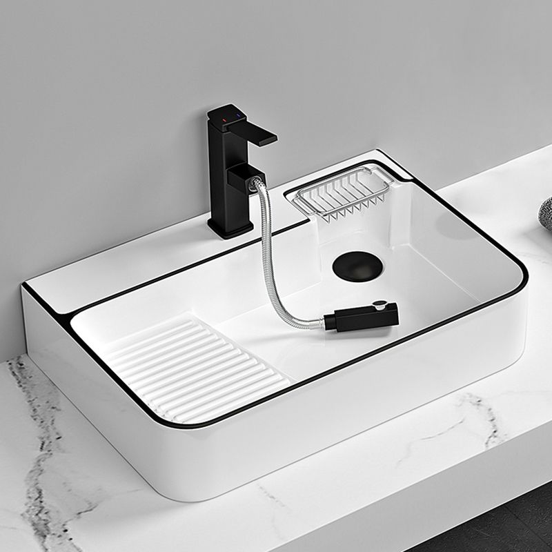 Contemporary Bathroom Sink Porcelain Solid Color Rectangular Vessel Sink with Pop-Up Drain