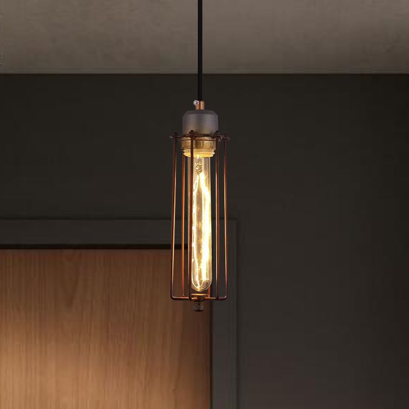 Metallrohr Anhänger Leichte Vintage Style 1 Head Restaurant Deckenleuchten mit Drahtkäfig und einstellbares Kabel in Schwarz