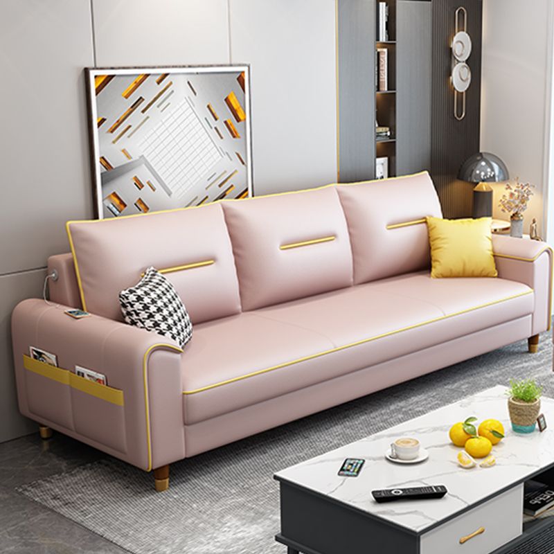 Nordic Leather Sofa with Bolster Pillows Single Cushion Seat Square Arm for Living Room