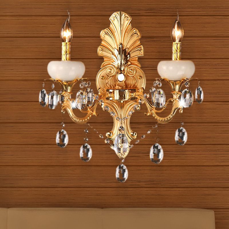 Gold Candle Sconce Light Traditional Metal 2 Heads Living Room Mur Mount Lumière avec Crystal Drop