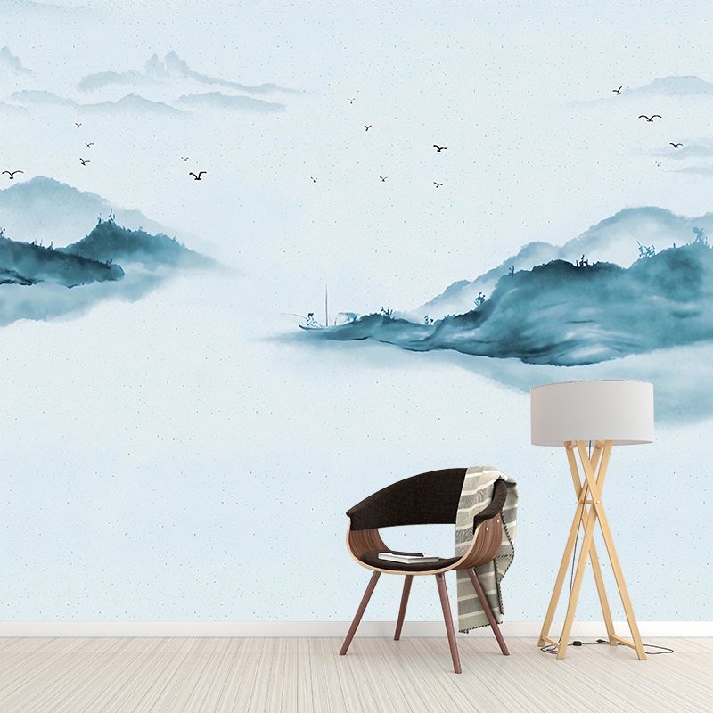 Illustration Water and Mountain Mural for Restaurant Decoration in Green and Blue