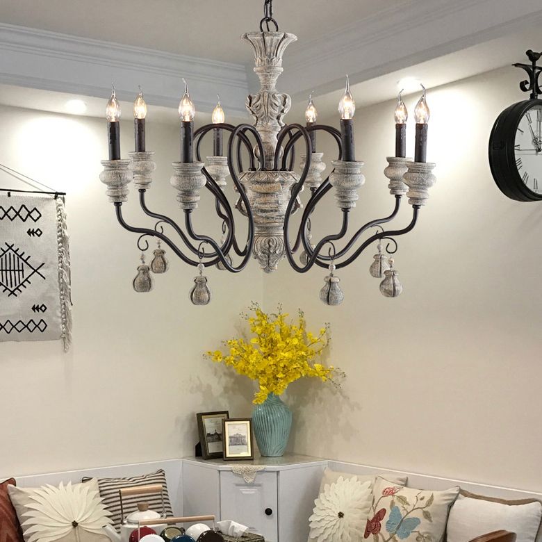 Rustic Style Traditional Candlestick Styling Chandelier Hand-carved Resin Suspension Lighting Fixture for Dining Room