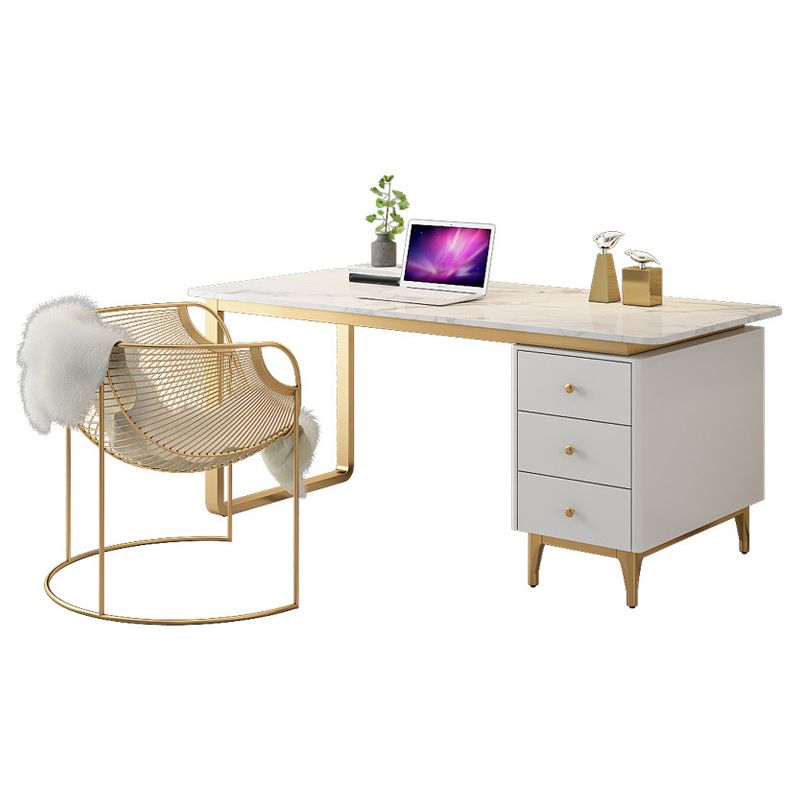 Artificial Marble Office Desk Glam Style Writing Desk with 3-drawer