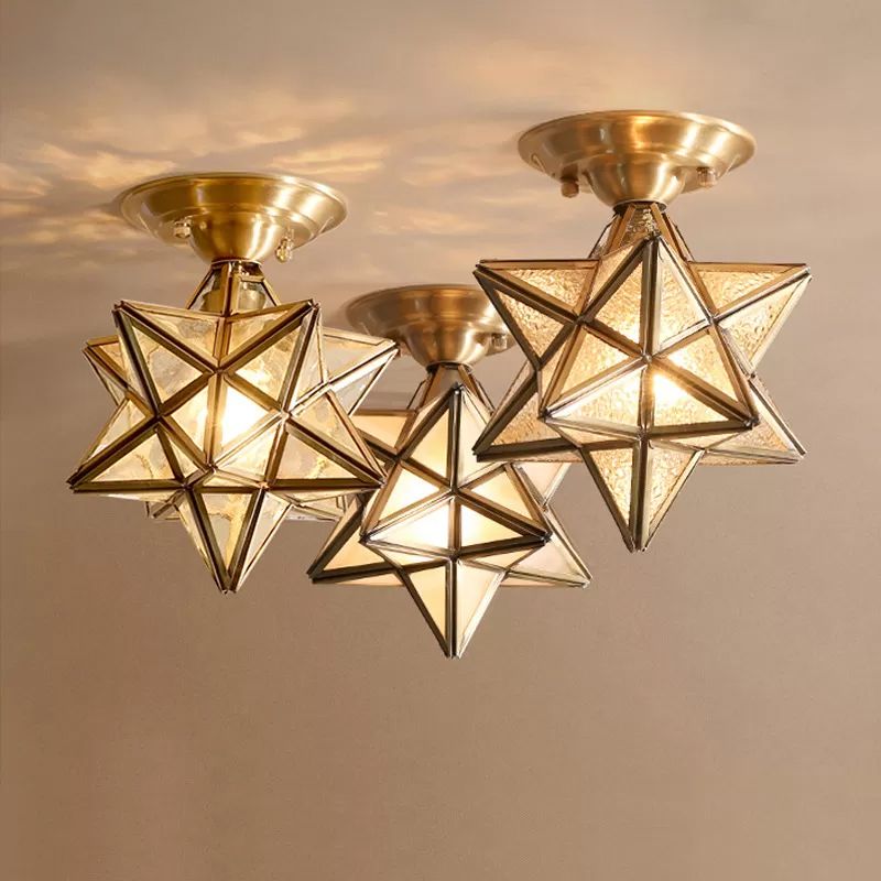 Plafonnier de chambre à coucher diamant/étoile encastré traditionnel en verre transparent à 1 lumière en laiton
