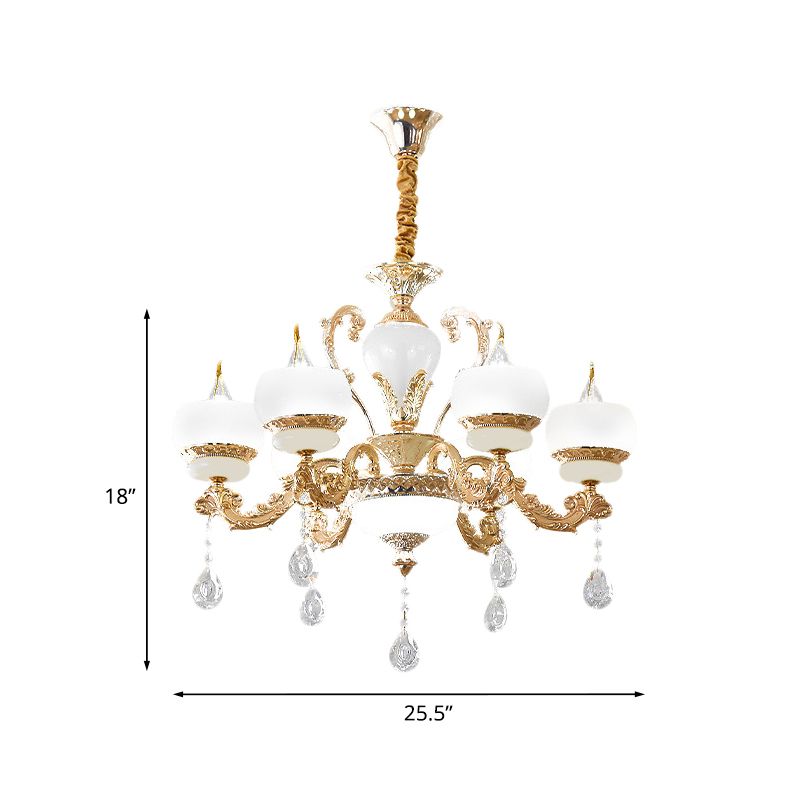 Candle Jade Pendant Chandelier Vintage 6/8-Light Dining Room Hanging Lamp in Gold with Crystal Draping
