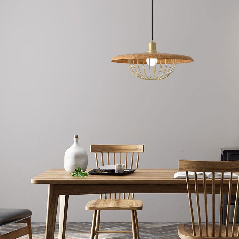 1-licht houten eenvoud hangend licht met gouden ijzeren kooi schaduw moderne stijl slaapkamer verlichting armatuur