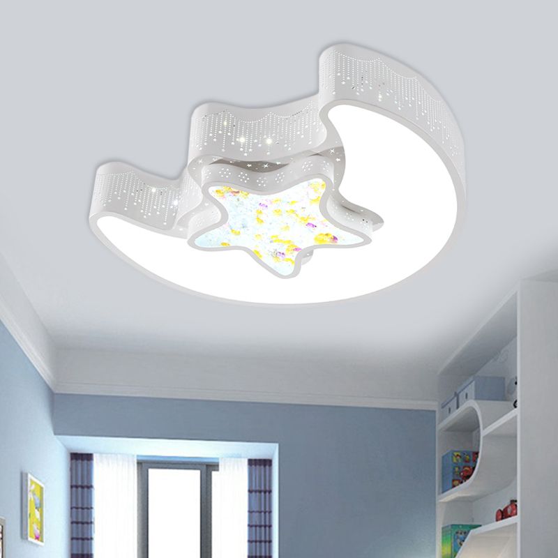 Kids Style Moon and Pentagram Ceiling Flush Acrylique Bedroom LED Flushmount Lighting with Starry Design for Bedroom in Blue / Pink / White