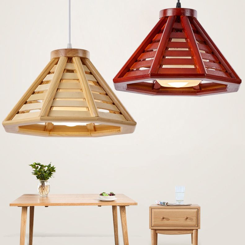Pyramid Shape Hanging Lighting Modern Style Wood 1 Light Pendant Lamp for Dining Room