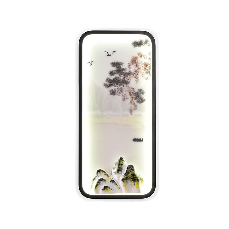 Chinese Mountain Landscape Mural Light Acrylic Parlor Rectangle LED Wall Sconce in White/Warm Light