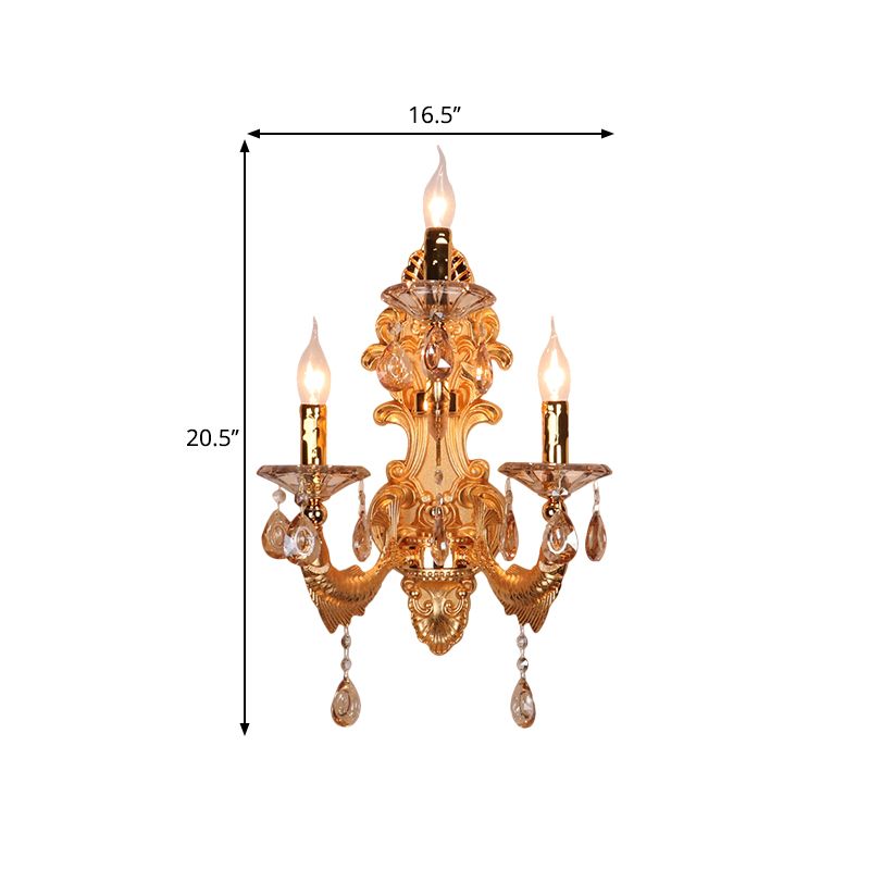 3-Head Candelabra Wall Sconce Traditional Gold Crystal Droplets Wall Lighting Fixture with Shade/Shadeless