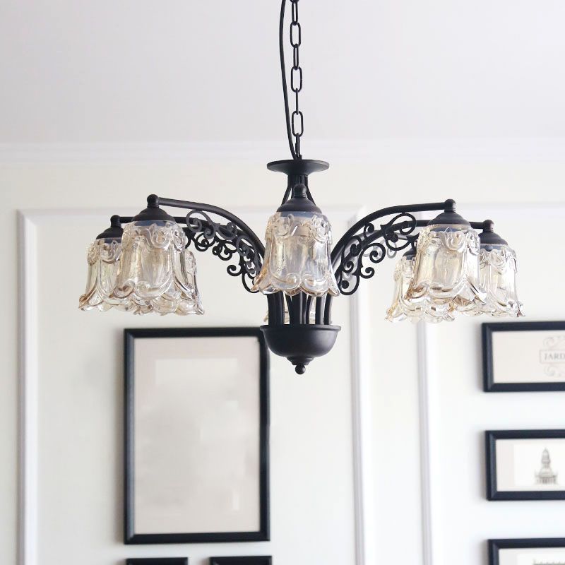 Black Curvy Arm Hanging Chandelier Rural Style Metallic 6/8 Lights Living Room Suspension Pendant