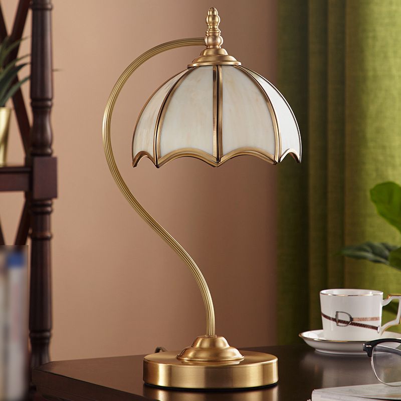 European Style Umbrella-shape Table Lamp Copper Desk Lamp with Glass Shade for Bedside
